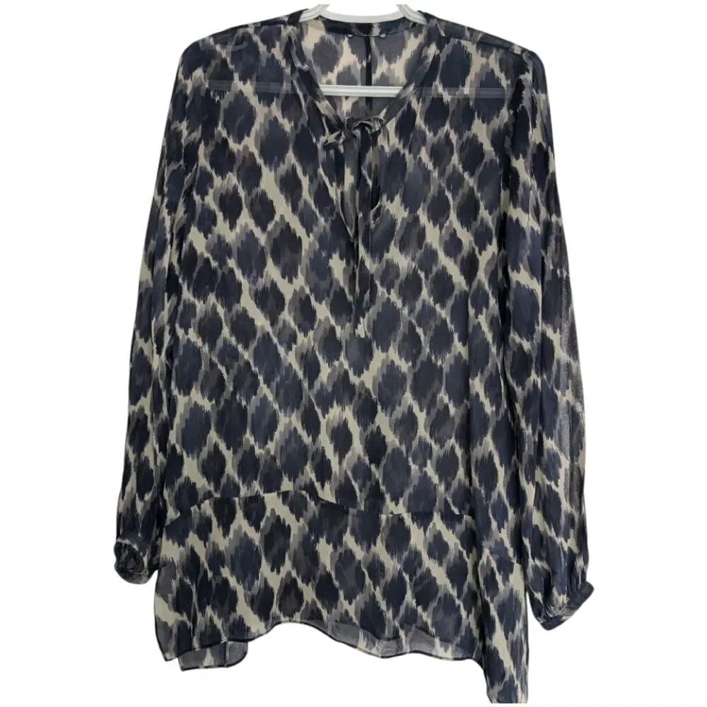 Club Monaco Women's Navy Blue Sheer 100% Silk Abstract Tie Neck Tunic Blouse